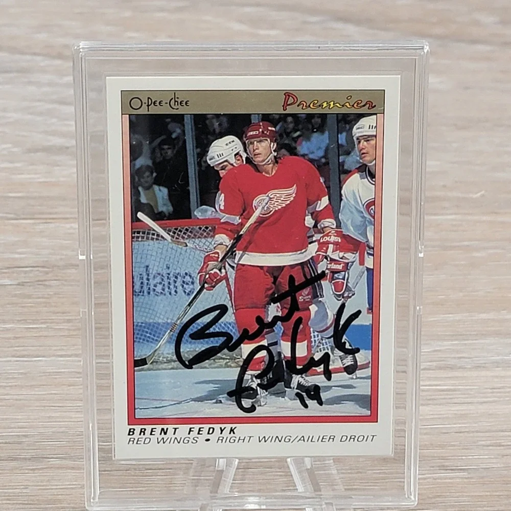 Brent Fedyk O Pee Chee Premier 1991 NHL Hockey Card Autographed Red Wings